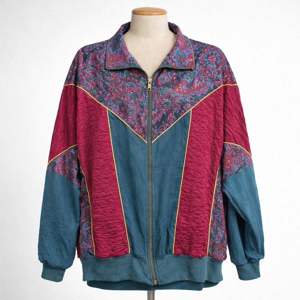 Vintage‎ 80s Womens Paisley Colorblock Full Zip Bomber Jacket Size XL USA Funky